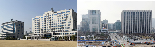 윤석열 대통령 당선인이 대통령 집무실을 청와대에서 서울 용산구 용산동의 국방부 청사 등으로 이전하는 방안을 적극 검토 중이다. 사진은 국방부 청사(왼쪽)와 외교부 청사, 정부서울청사 모습.<연합뉴스 자료사진>